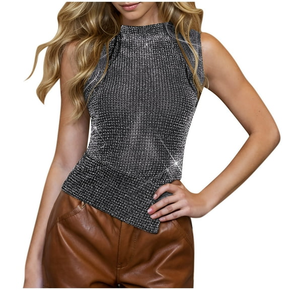 ZQUUVOU Tank Top For Women Sequin Knit Round Neck Summer Tops (Gray,M)