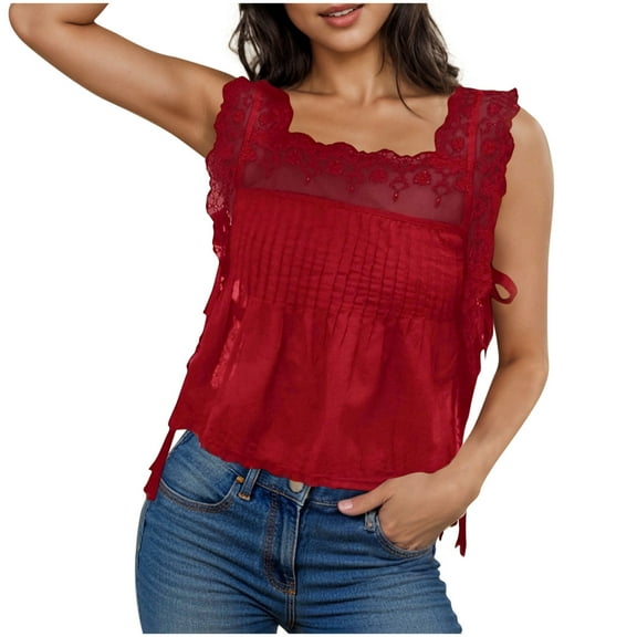 ZQUUVOU Tank Top For Women Solid Color Lace Spuare Neck Tops (Burgundy,S)