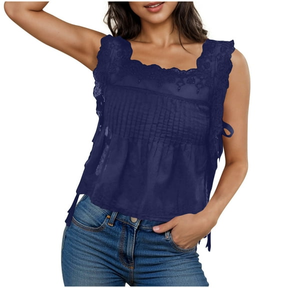 ZQUUVOU Tank Top For Women Solid Color Lace Spuare Neck Tops (Purple,L)