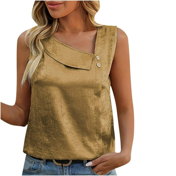 ZQUUVOU Tank Top For Women Solid Color V Neck Button Casual Tops (Gold,S)