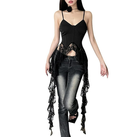 ZQUUVOU Tank Top For Women Spaghetti Strap Lace Tops (Black,S)