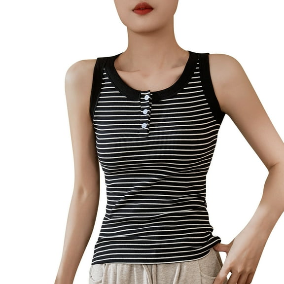 ZQUUVOU Tank Top For Women Spaghetti Strap Stripe Cotton Button Tops (Black,S)