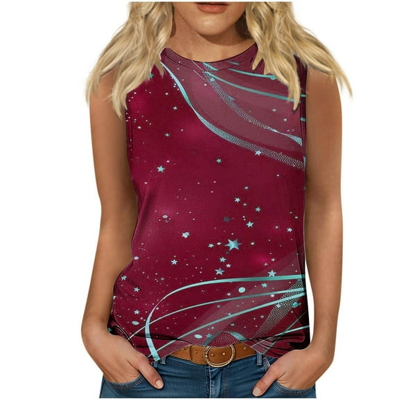ZQUUVOU Tank Top For Women Summer Casual Printed Crew Neck Tops (Burgundy,S)