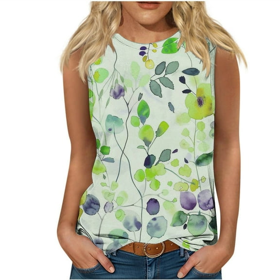 ZQUUVOU Tank Top For Women Summer Casual Printed Crew Neck Tops (Green,L)