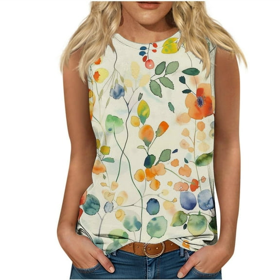 ZQUUVOU Tank Top For Women Summer Casual Printed Crew Neck Tops (Yellow,S)