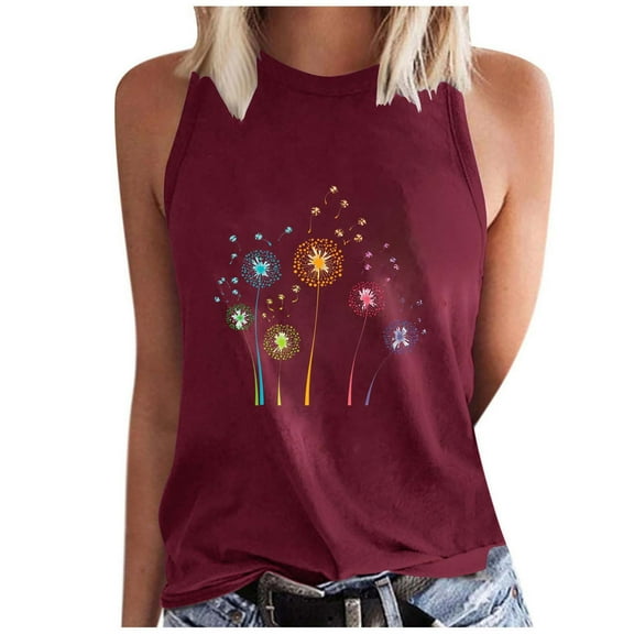 ZQUUVOU Tank Top For Women Summer Crew Neck Printed Tops (Burgundy,S)