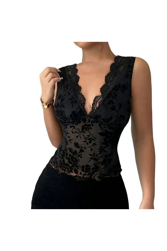 Tank Top For Women Summer Mesh Lace Breathable V Neck Tops (Black,M)