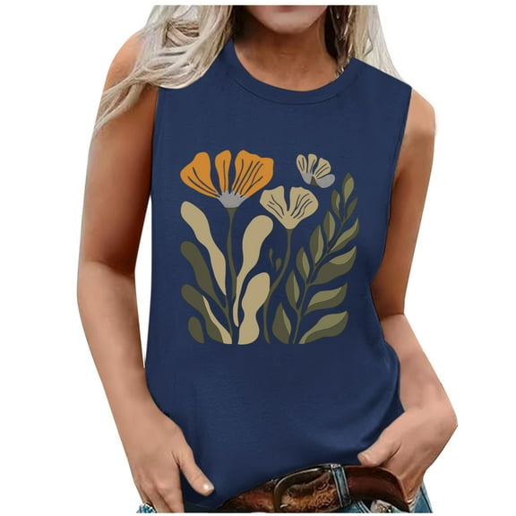 ZQUUVOU Tank Top For Women Summer Sleeveless Crew Neck Printed Tops (Navy,M)