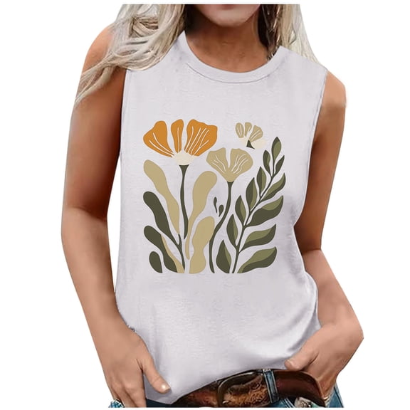 ZQUUVOU Tank Top For Women Summer Sleeveless Crew Neck Printed Tops (White,M)
