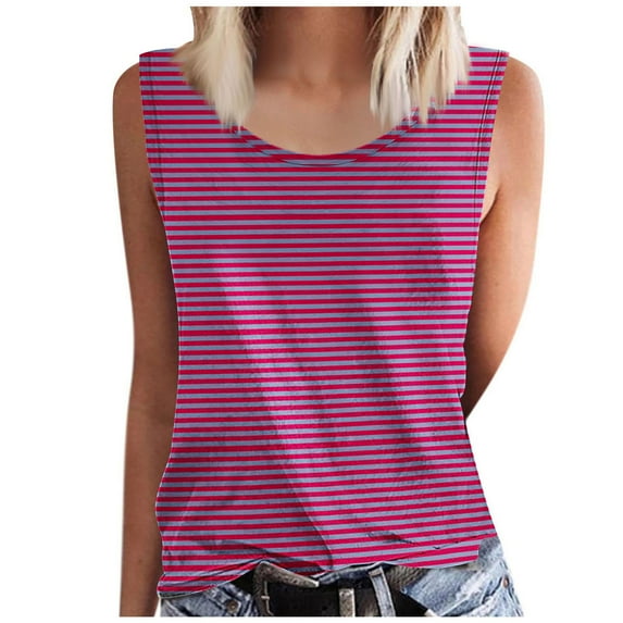 ZQUUVOU Tank Top For Women Summer Stripe Printed Crew Neck Tops (Hot Pink,5XL)