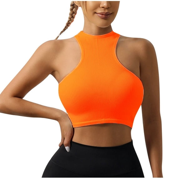 ZQUUVOU Tank Top For Women Turtleneck Halter Sleeveless Solid Color Crop Tops (Orange,L)