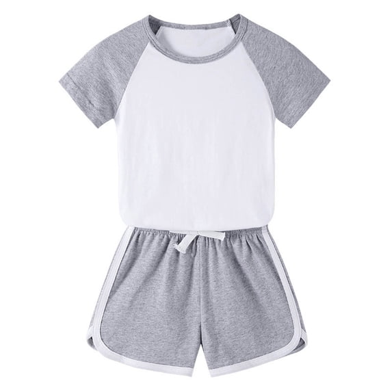 ZQUUVOU Toddler Boys Girls Unisex Block Color Short Sleeve Top And Drawstring Shorts Home Wear Suit Gray