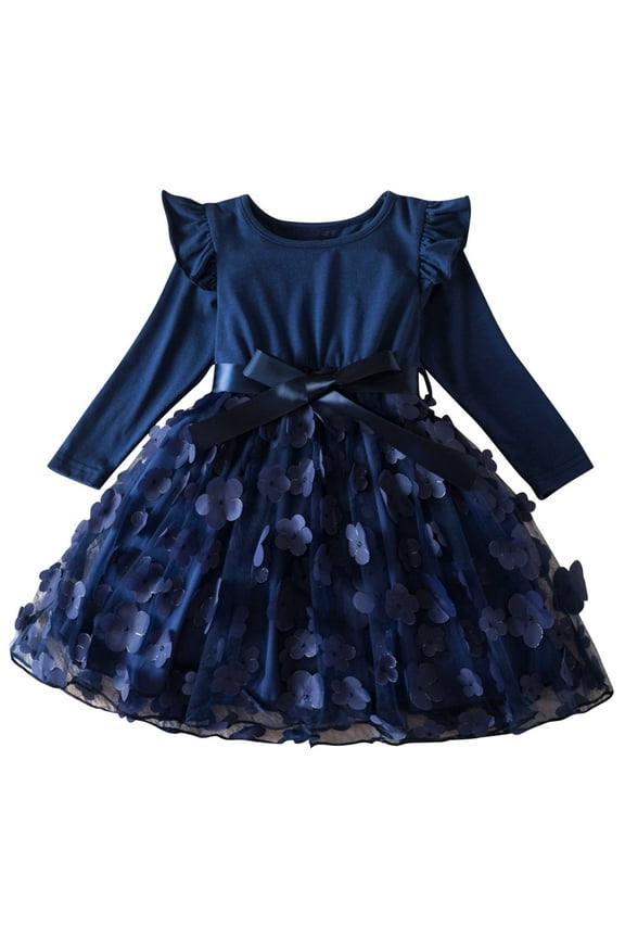 Toddler Cute Velvet Dress Baby Long Sleeve Little Girls Tulle Tutu Princess Dresses for Birthday Wedding Party Blue