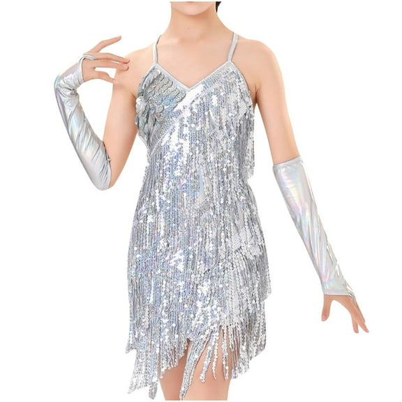 ZQUUVOU Toddler Girl Sequin Dress Over Sleeve Outfit Cha Cha Jazz Dance Tassel Stage Latin Dress Dancewear Silver