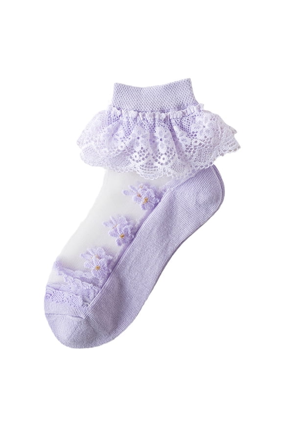Toddler Girls Ankle Socks Ruffle Lace Trim Cotton Socks Mesh Breathable Dress Uniform Socks for Baby Kids Girls Purple B