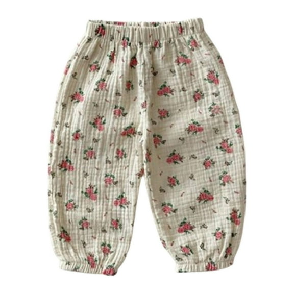 ZQUUVOU Toddler Girls Casual Flower Printed Double-Layer Gauze Repellent Pants Baby Bloomers Pants White