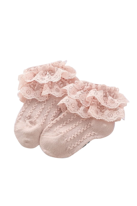 Toddler Girls Lace Socks Solid Color Socks Eyelet Ruffle Frilly Socks Soft Cotton Ankle Socks for Newborn Infant Baby Girls Pink A
