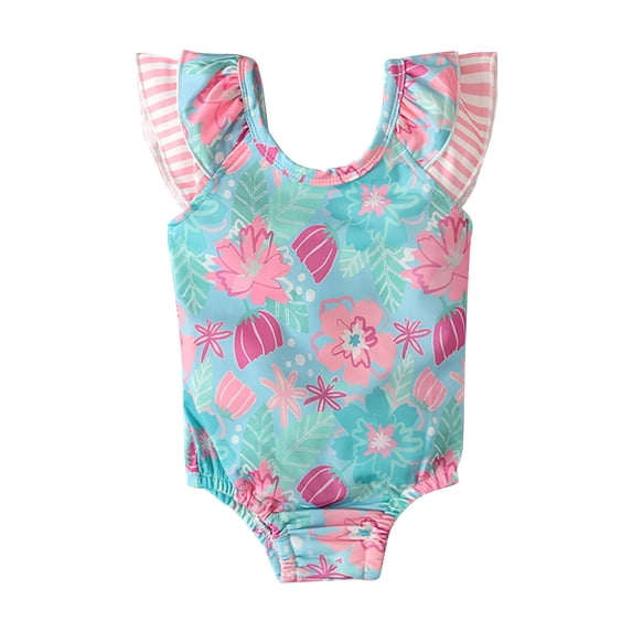 ZQUUVOU Toddler Girls One Piece Swimsuit Cute Print Sleeveless Ruffle Strap Swimsuit Sun Protection Bathing Suits Blue