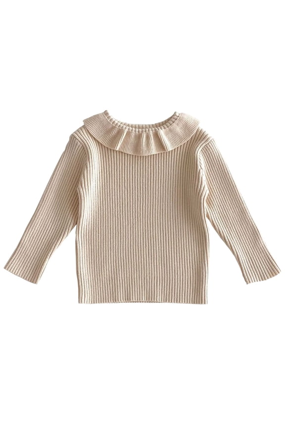 Toddler Girls Solid Color Double Ruffle Collar Sweaters Kid's Crochet Knit Pullover Basic Bottom Tops Khaki