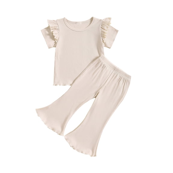 ZQUUVOU Toddler Girls' Summer Cotton Outfit Casual Ruffle Short Sleeve Round Neck Tops And Flare Pants Sets A-Pink
