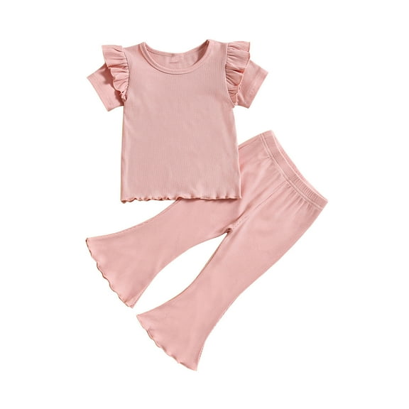 ZQUUVOU Toddler Girls' Summer Cotton Outfit Casual Ruffle Short Sleeve Round Neck Tops And Flare Pants Sets A-White