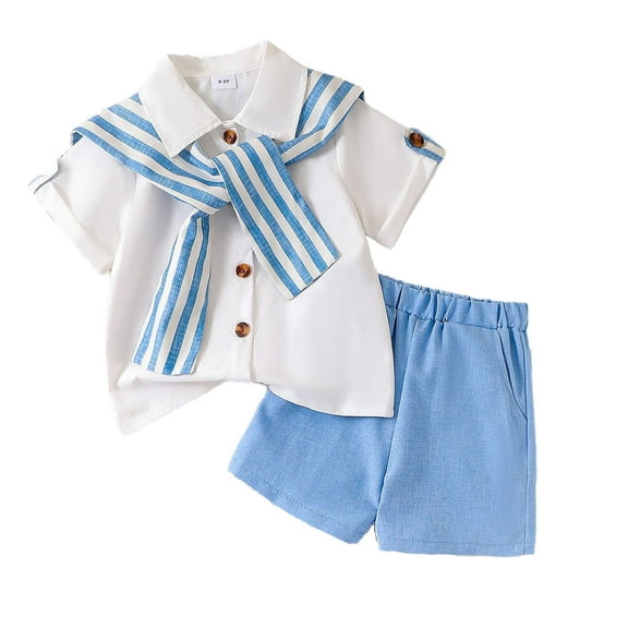ZQUUVOU Toddler Kids Girls Outfit Casual Collar Shirt Jean Shorts 3Pcs Outfits 2-7Years Blue