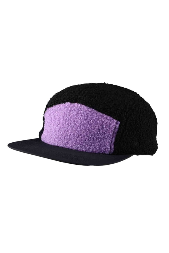 Unisex Baseball Cap Color Block Sherpa Lined Flat Brim Trendy Matching Fall Winter Warm Sporty Headwear Purple