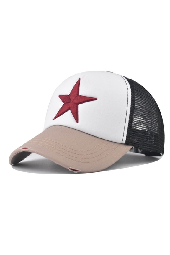 Unisex Color Block Baseball Cap Embroidered Star Patch Cotton Hat Adjustable for Streetwear Trucker Hat White