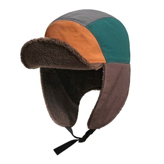 ZQUUVOU Unisex Color Block Plush Trapper Buckle Ear Flap Hat Windproof Riding Cap Outdoor Winter Headwear Gray