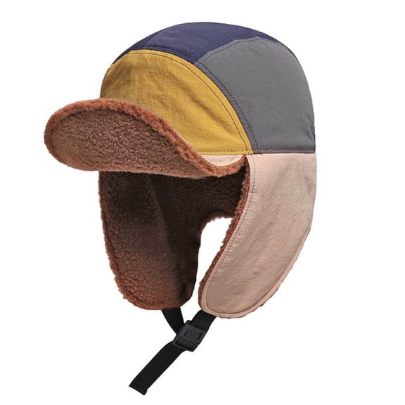 ZQUUVOU Unisex Color Block Plush Trapper Buckle Ear Flap Hat Windproof Riding Cap Outdoor Winter Headwear Navy