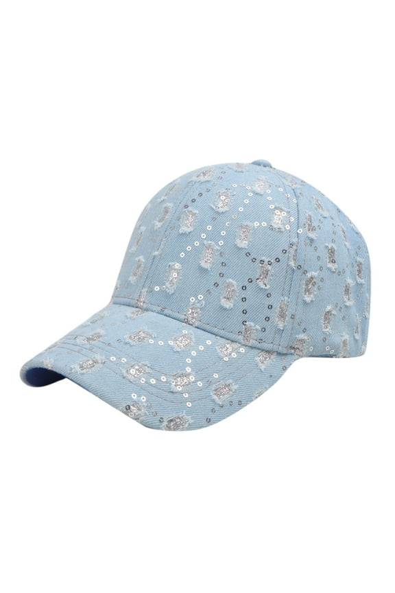 Unisex Denim Baseball Cap with Sequin Distressed Vintage Embellishment Adjustable Snapback Sun Hat Casual Cotton Cap Light Blue