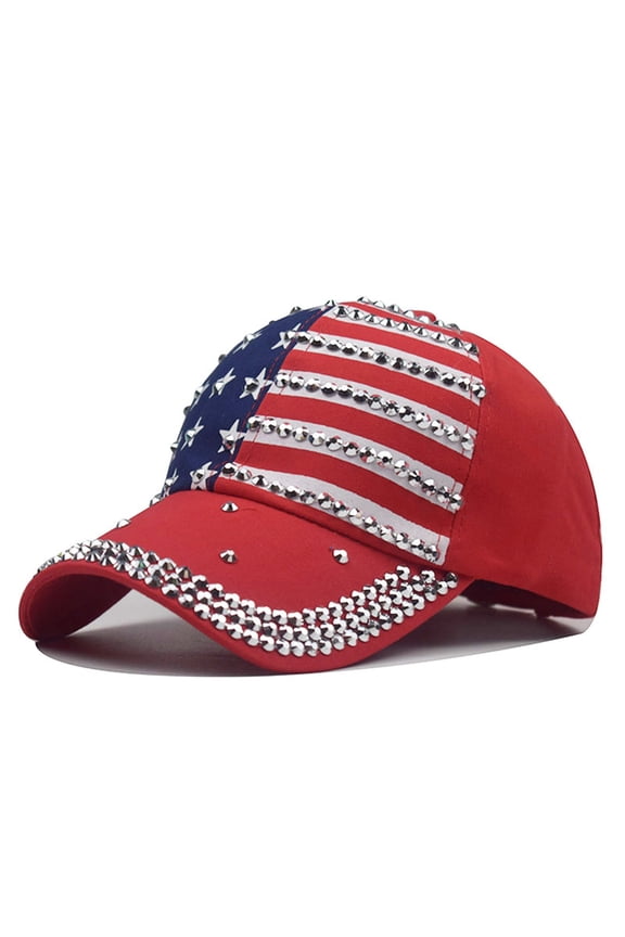 Unisex Distressed Washed Denim Baseball Cap with Rhinestone Flag Embellishment Shiny Bling Frayed Brim Party Hat Burgundy