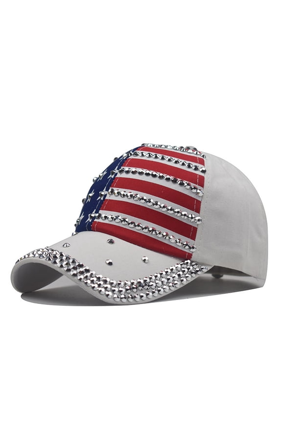 Unisex Distressed Washed Denim Baseball Cap with Rhinestone Flag Embellishment Shiny Bling Frayed Brim Party Hat White