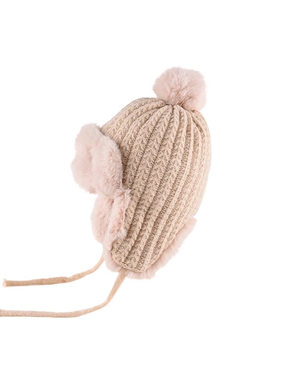 Unisex Faux Fur Trapper Beanie Skiing Outdoor Bike Cap Warm Lined Sporty Casual Headwear Knitted Hat Khaki