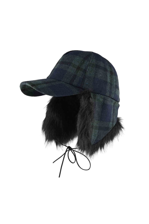 Unisex Plaid Earflap Trapper Thermal Hunting Ski Hat Faux Fur Ear Flap Hat with Tie Baseball Cap Green
