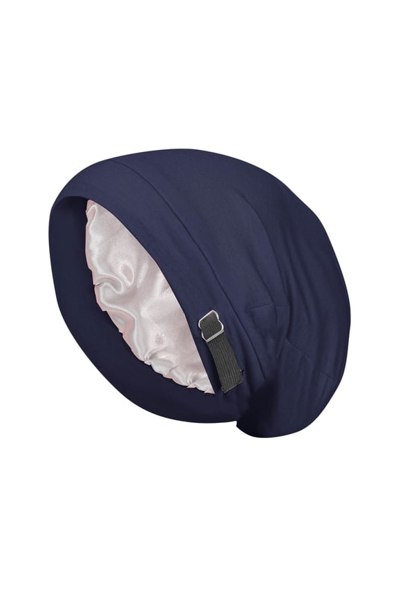 Unisex Sleep Cap Solid Color Stretch Double Layer Adjustable Comfortable Night Wear Head Cover Toe Hats Navy