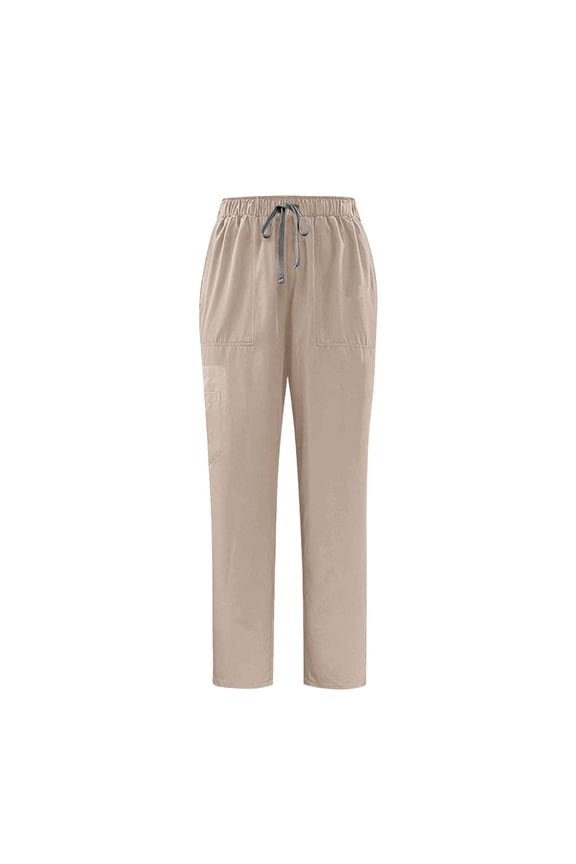 Unisex Straight Leg Nursing Worker Pants Adjustable Drawstring Waist Multiple Cargo Pockets Work Trousers Khaki