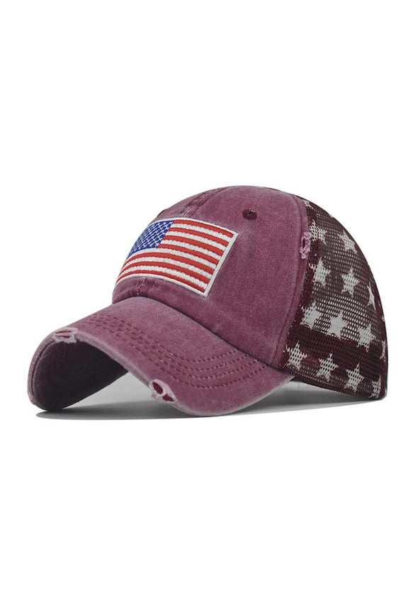 Unisex Vintage Baseball Cap Adjustable Mesh Breathable Flag Independence Day Dad Hat for Women Casual Outdoor Burgundy
