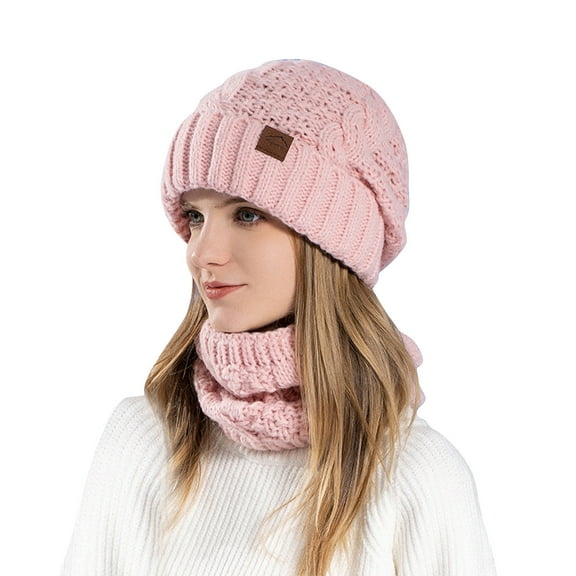 ZQUUVOU Unisex Winter Beanie Hat Scarf Set Thick Warm Knit Skull Cap Neck Scarf Gift for Women Men Snow Cap Scarf Set Pink