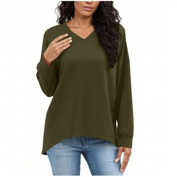ZQUUVOU V Neck Sweatshirts for Women Oversized Sweatshirt Long Sleeve Shirts Pullover Tops Fall Fashion Outfits Olive Green