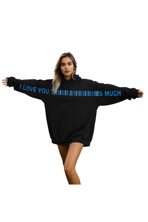 Valentine's Day Hoodies for Women Men I Love You This Much Couple Sweatshirts Oversized Casual Pullover Tops Black