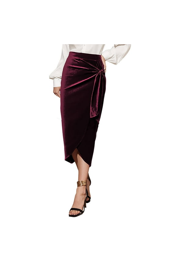 Velvet Knot Skirt Dress for Women Solid Color Side Slit Casual Business Casual Dress Evening Office Burgundy