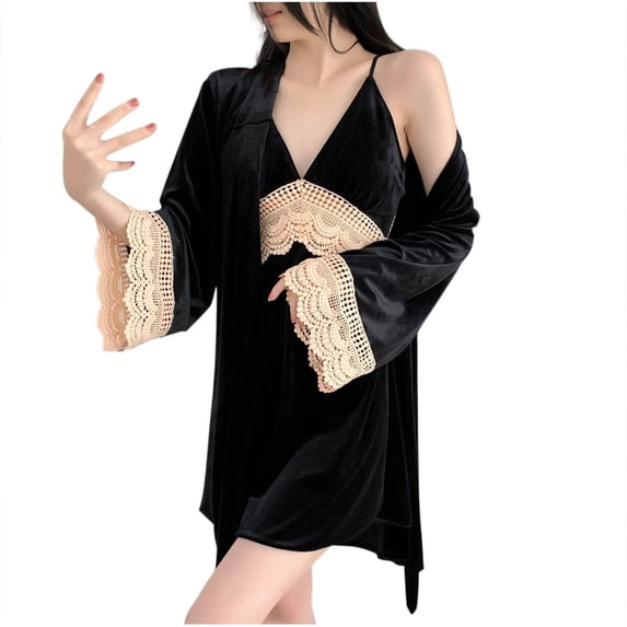 ZQUUVOU Velvet Robes Set for Women V Neck Solid Lace Trim Backless Chemise Built In Bra Nightgown Robe Sleepwear Black