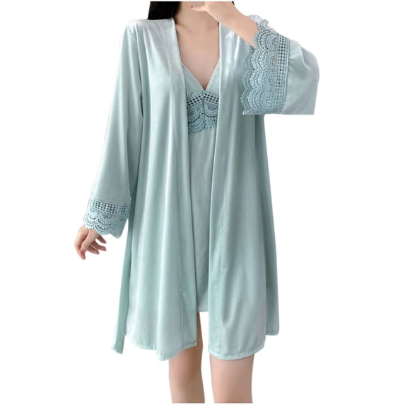 ZQUUVOU Velvet Robes Set for Women V Neck Solid Lace Trim Backless Chemise Built In Bra Nightgown Robe Sleepwear Light Blue