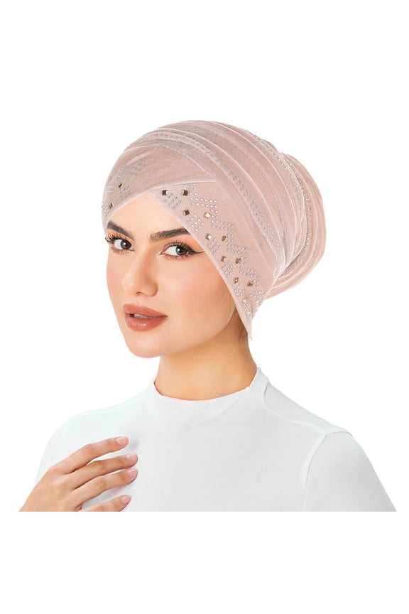Velvet Turban Cap for Women Rhinestone Ruffle Muslim Hijab Foldable Slouch Beanie Stretchy Headwear Slouch Caps Beige