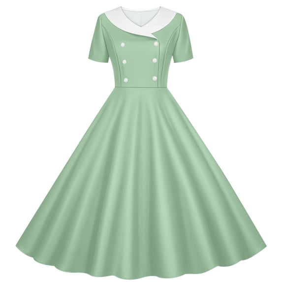 ZQUUVOU Vintage Dress for Girls Short Sleeve Collared Double-breasted Swing Skirt Casual Elegant Party Dance Dress Green