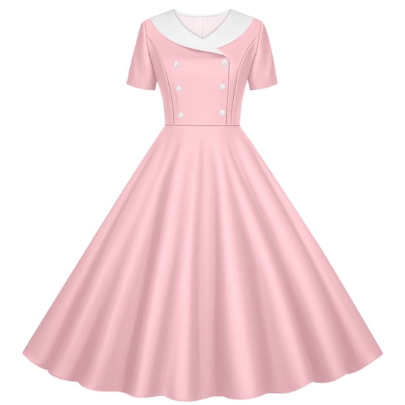 ZQUUVOU Vintage Dress for Girls Short Sleeve Collared Double-breasted Swing Skirt Casual Elegant Party Dance Dress Pink