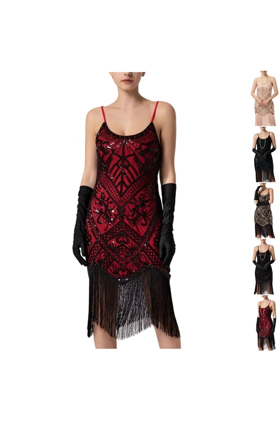 Vintage Sequin Beaded Gown for Women Fringe Hem Banquet Spaghetti Strap Dress Formal Party Mini Dress Gold