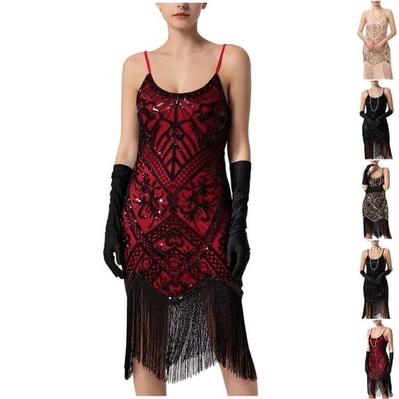 ZQUUVOU Vintage Sequin Beaded Gown for Women Fringe Hem Banquet Spaghetti Strap Dress Formal Party Mini Dress Pink