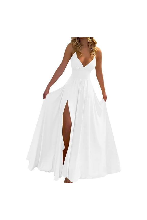 Wedding Guest Dress for Ladies Bodycon Mermaid Evening Cocktail Long Dress Elegant Slim Sleeveless V-neck Slit Dress White